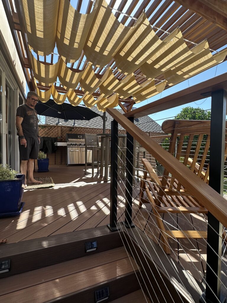 pergola with shade sails and deck stairs san jose
